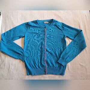 Johnnie b girls size 11-12 years light blue cardigan, neon orange trim, VVGUC